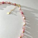 Handmade Strawberry Quartz Mixed Shape Bead Choker Necklace | Pink Natural Stone Gold Spacer
