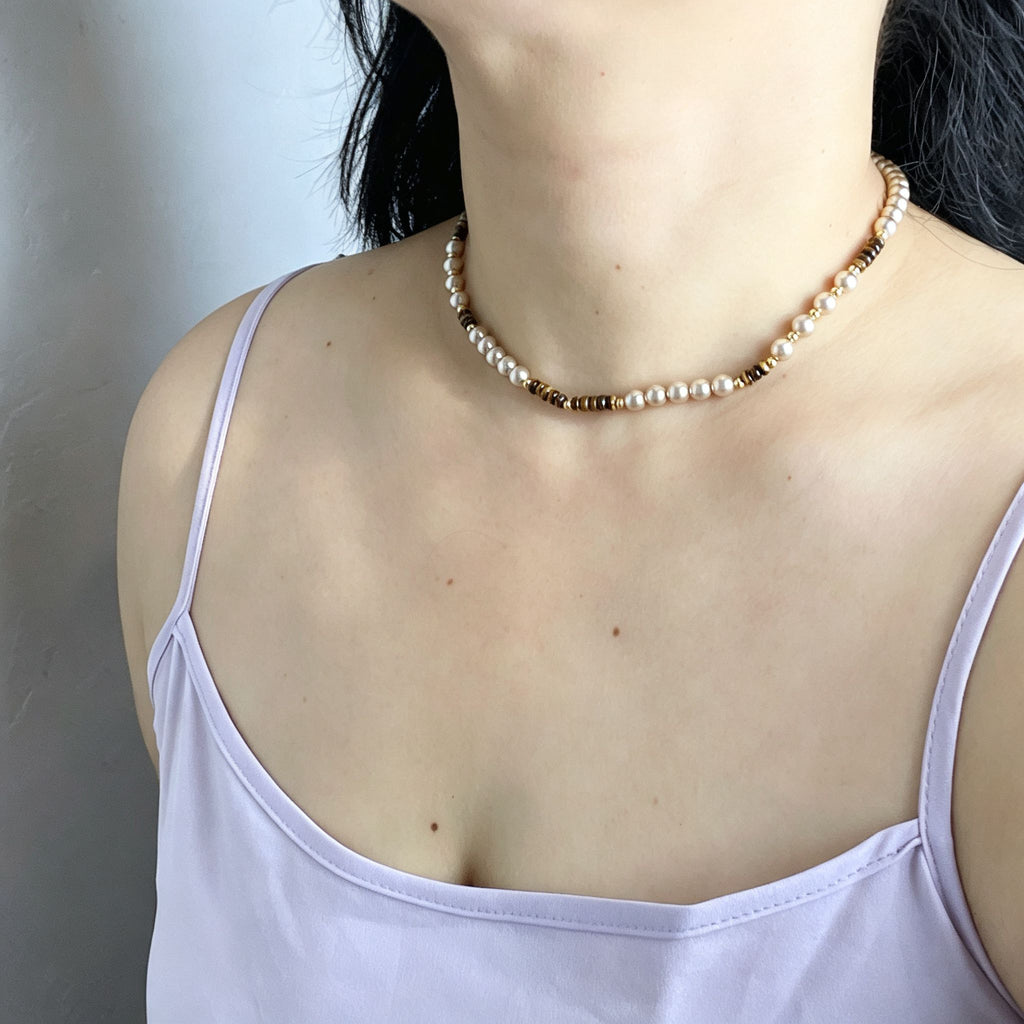 Handmade Pearl & Tiger Eye Disc Choker Necklace | Gold Spacer Elegant Natural Stone Jewelry