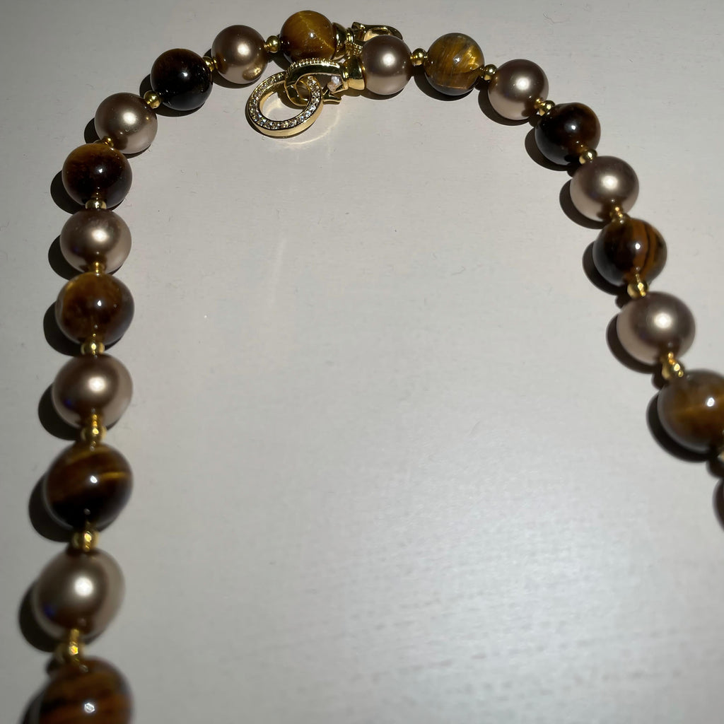 Handmade Tiger Eye Stone & Freshwater Pearl Choker Necklace | Gold Spacer Natural Gemstone Luxe Collar