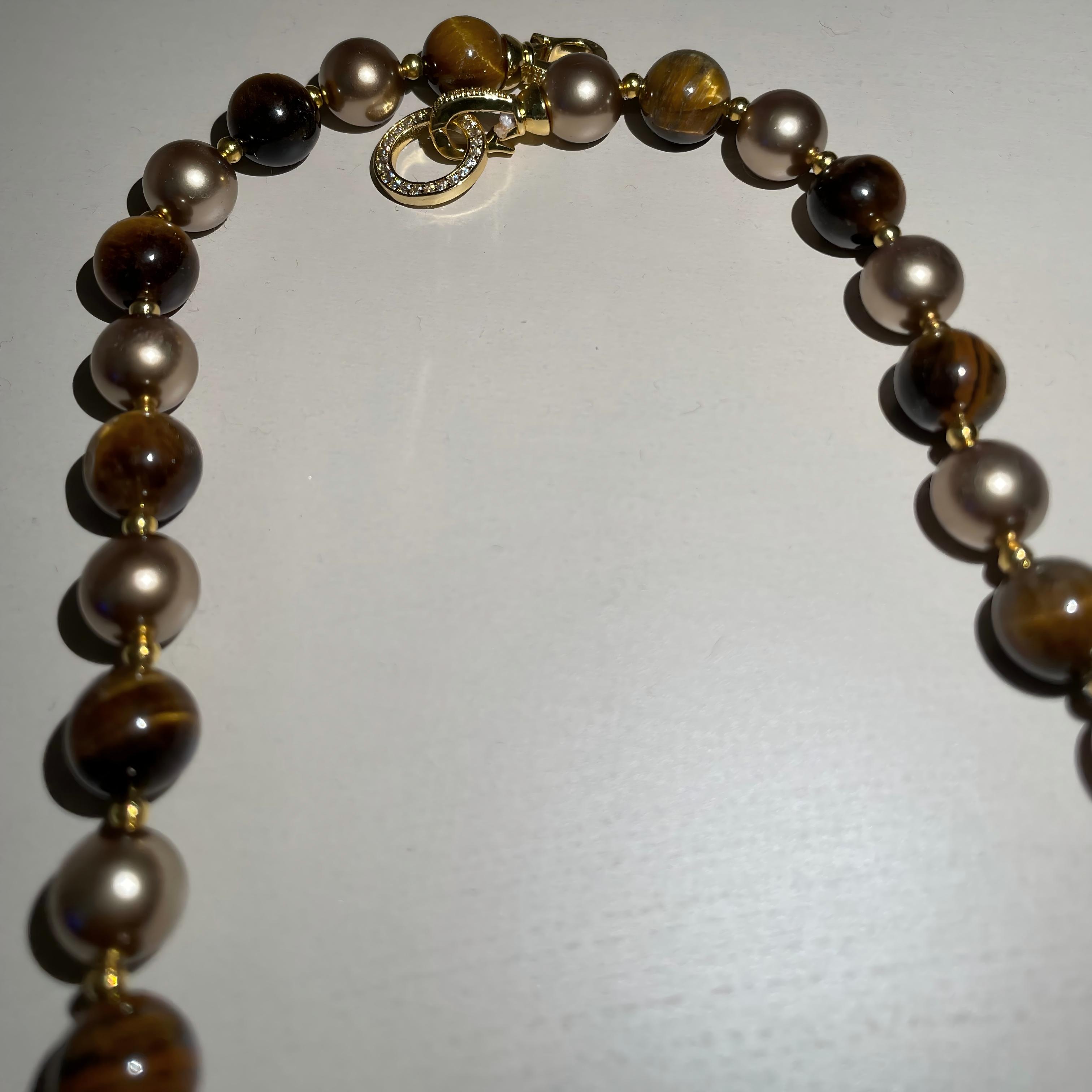 Handmade Tiger Eye Stone & Freshwater Pearl Choker Necklace | Gold Spacer Natural Gemstone Luxe Collar