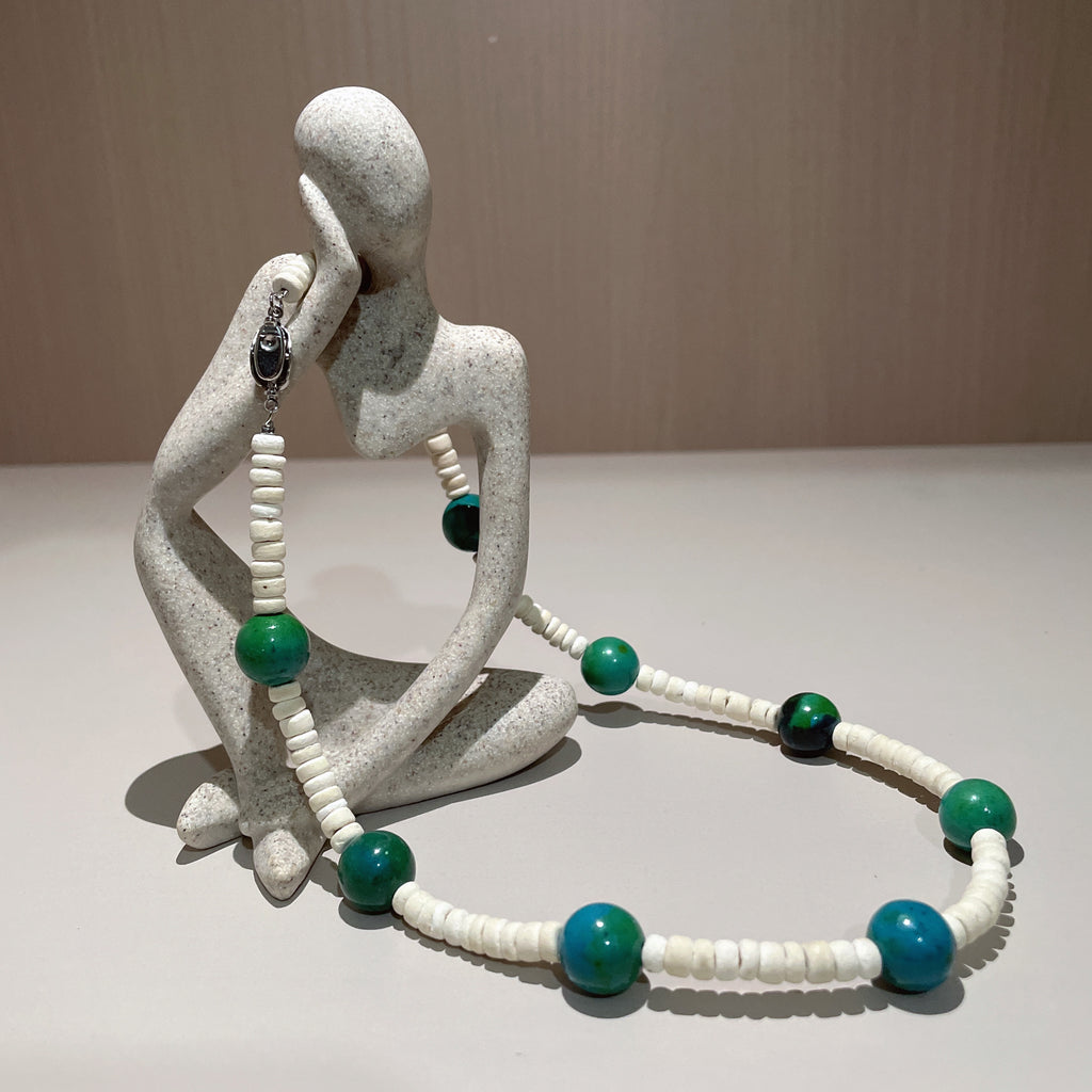 Handmade White Shell Heishi & Green Agate Choker Necklace | Blue Bead Tropical Beach Boho Collar