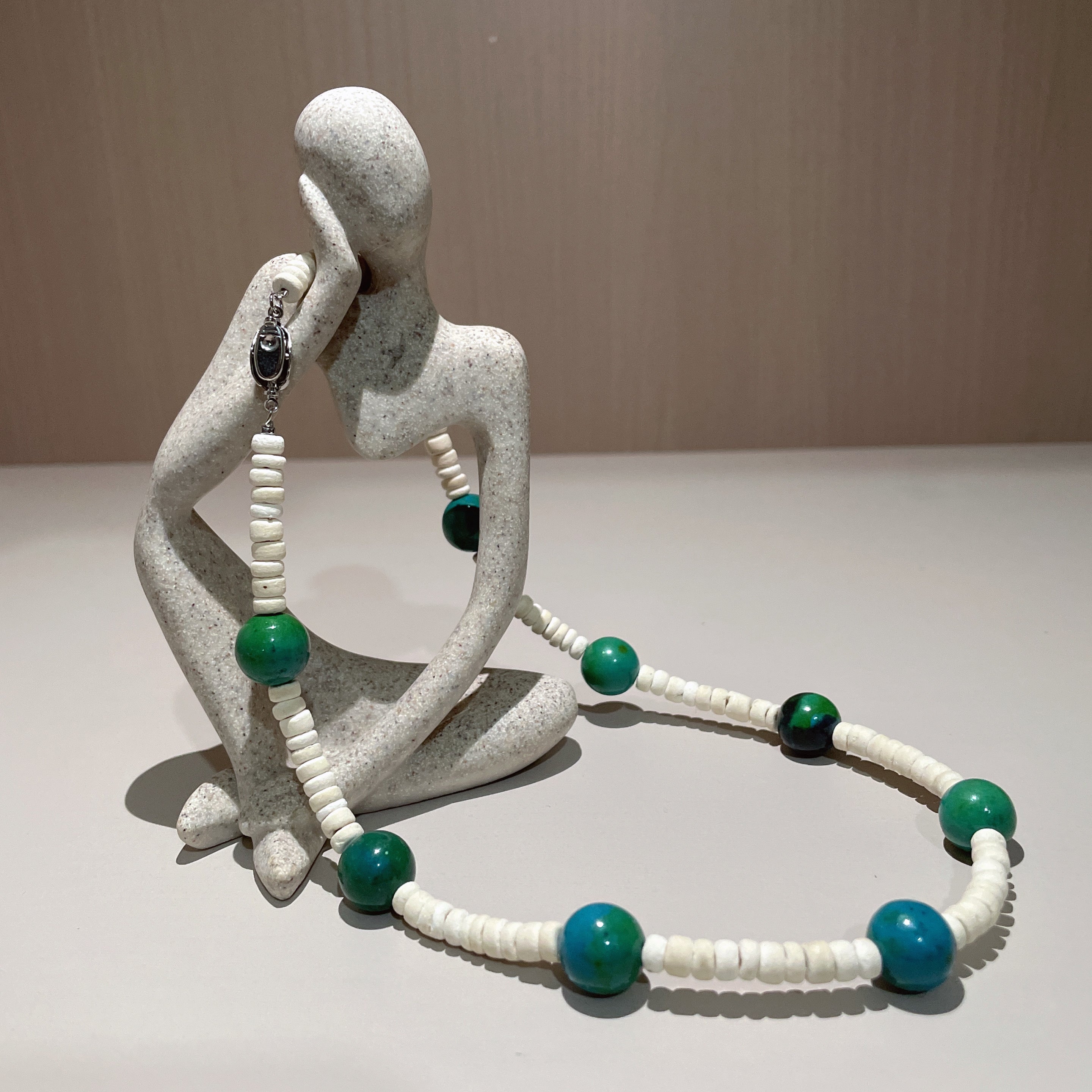 Handmade White Shell Heishi & Green Agate Choker Necklace | Blue Bead Tropical Beach Boho Collar