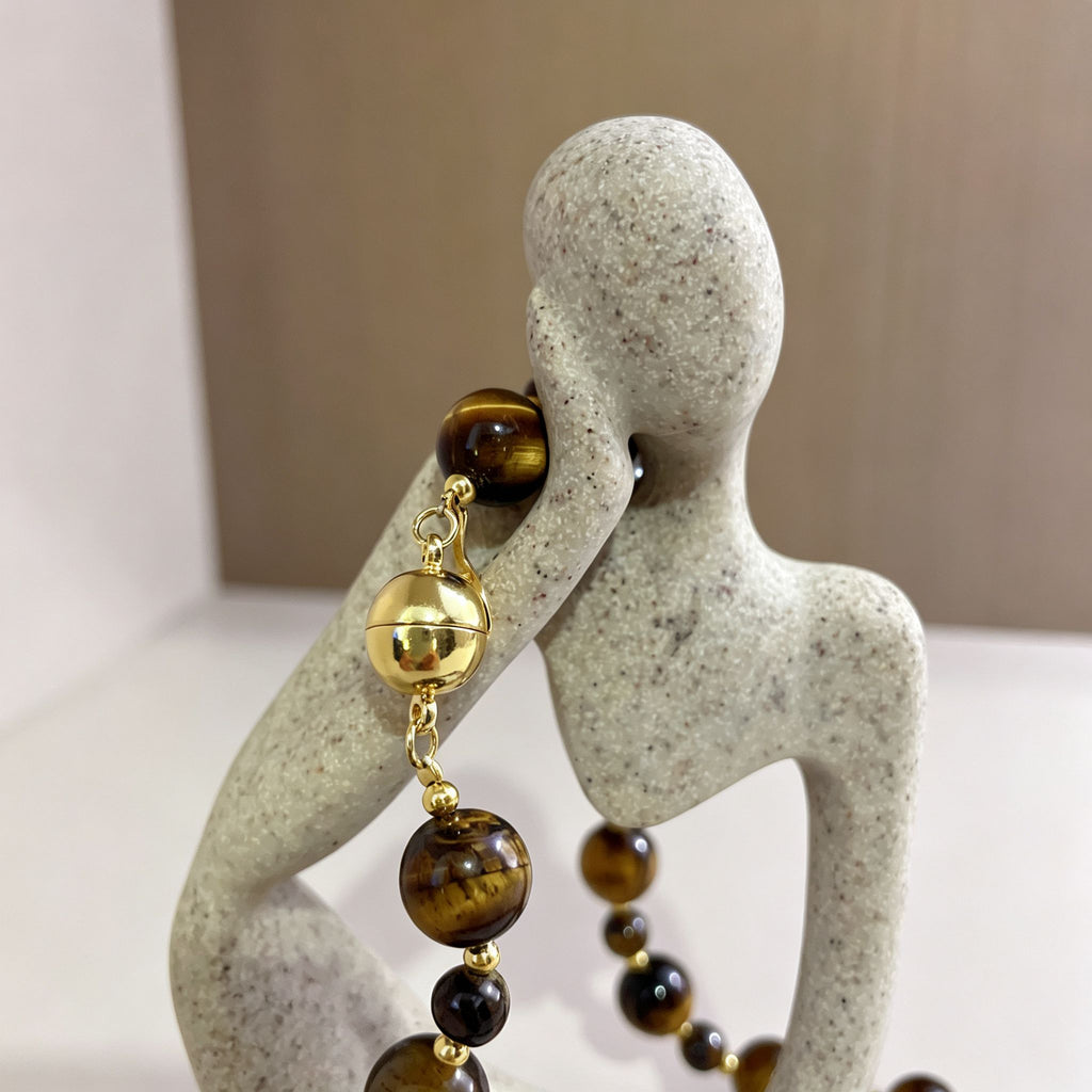 Handmade Graduated Tiger Eye Bead Choker Necklace | Natural Stone Gold Spacer