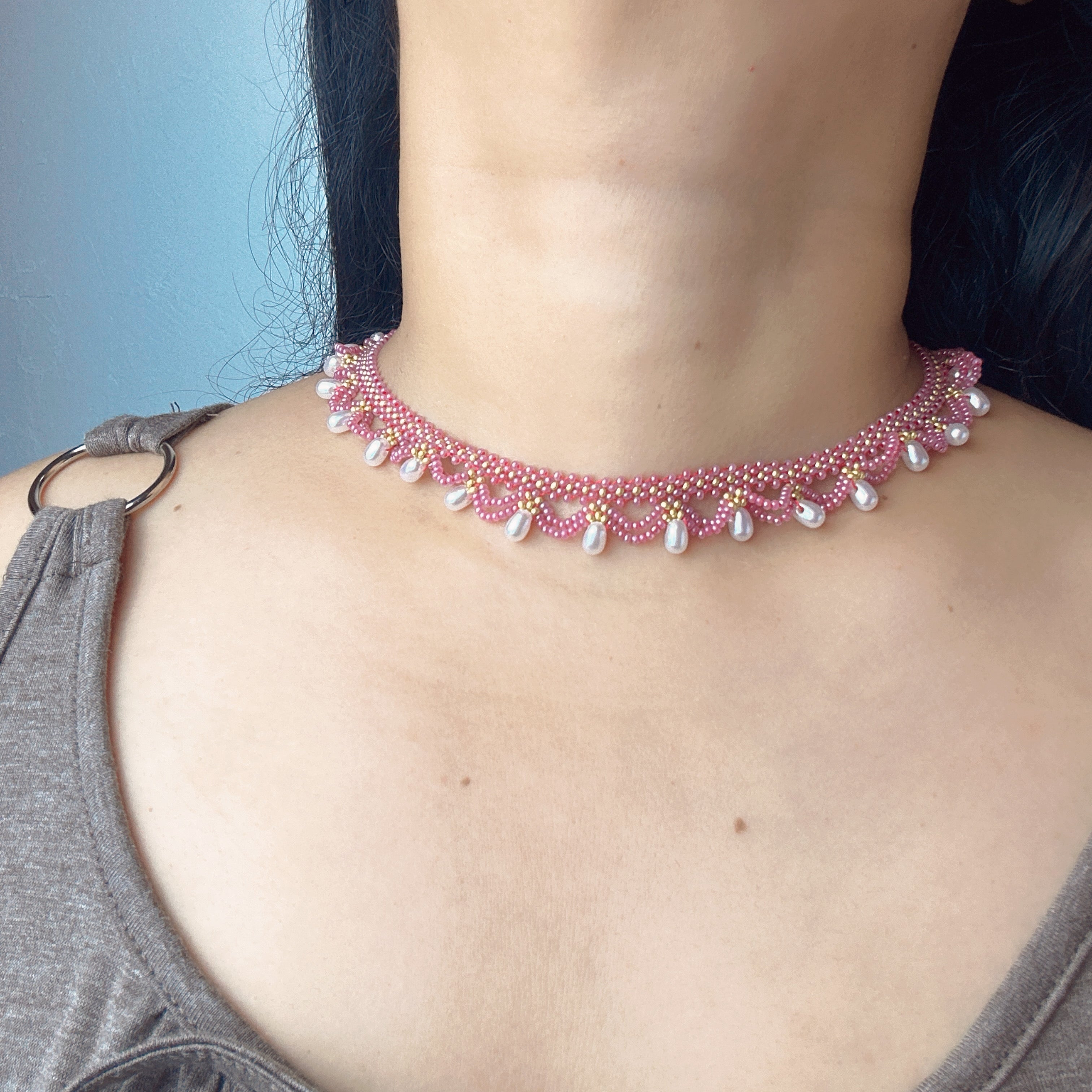 Handmade Rose Pink & Gold Wave Lace Beaded Choker Necklace | Freshwater Pearl Drop Fringe Romantic Collar