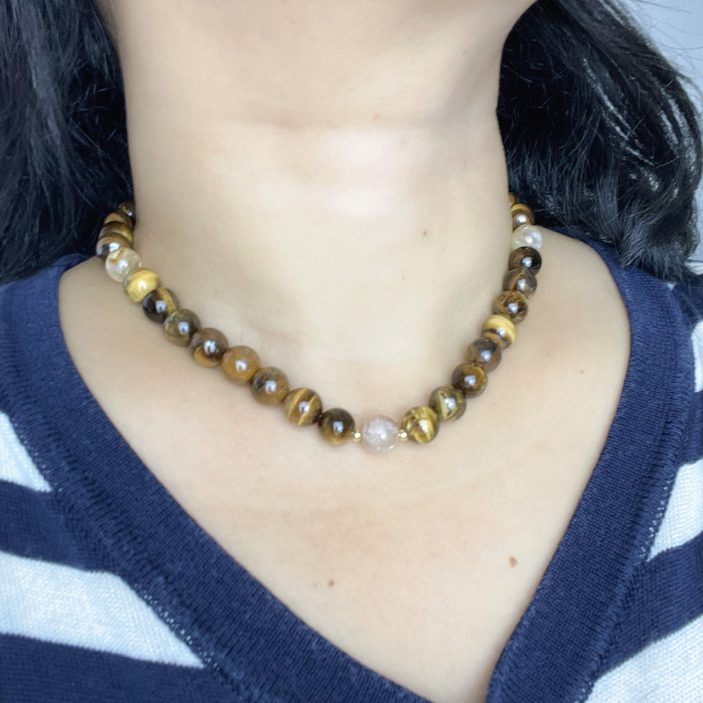 Handmade Tiger Eye Stone & Freshwater Pearl Beaded Necklace | Gold Brown Natural Stone Silver Spacer