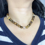 Handmade Tiger Eye Stone & Freshwater Pearl Beaded Necklace | Gold Brown Natural Stone Silver Spacer