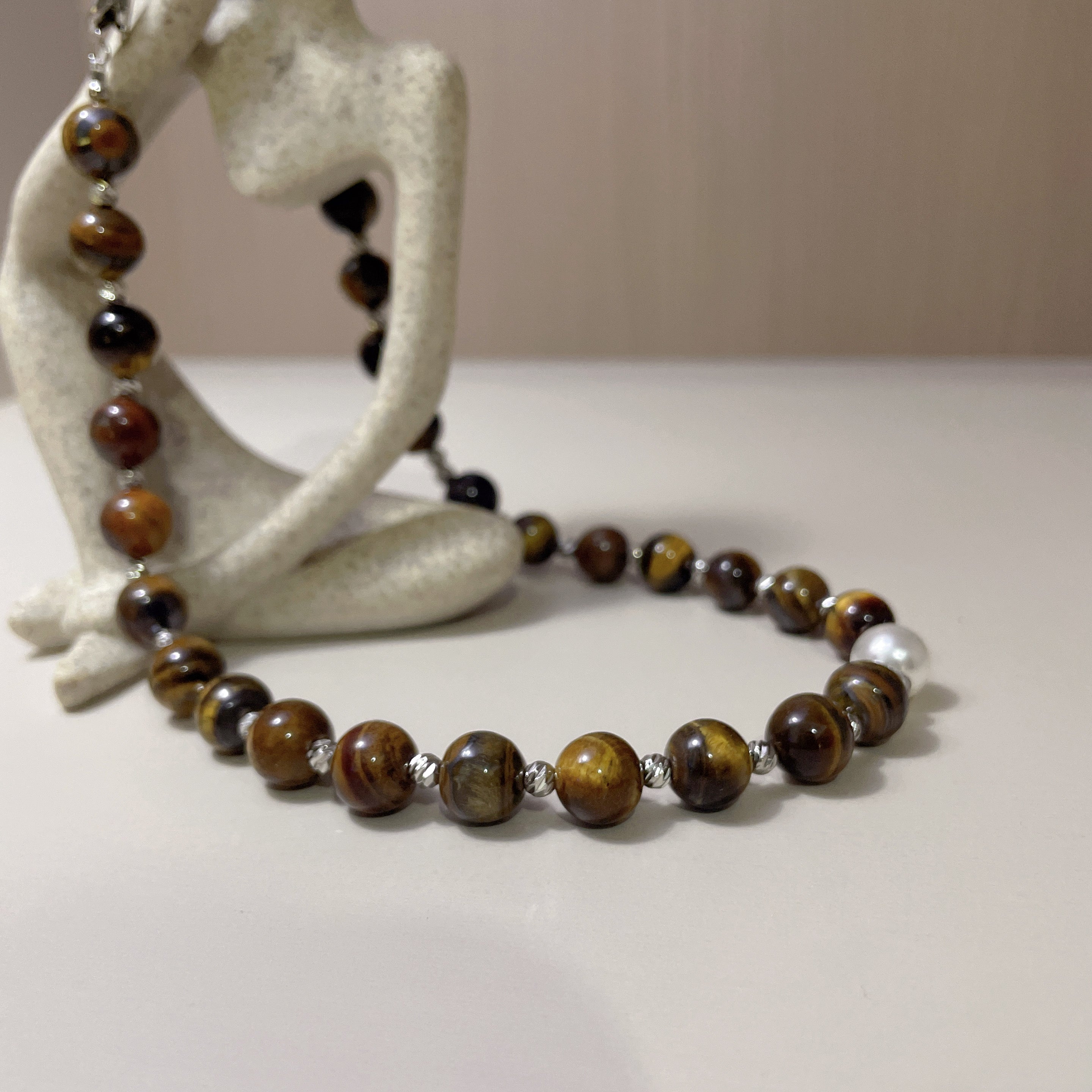 Handmade Tiger Eye Choker Necklace with Baroque Pearl Focal | Silver Spacer Natural Stone