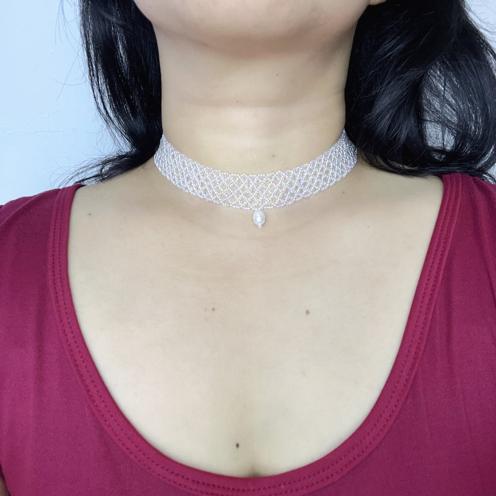 Handmade White Transparent Diamond Mesh Beaded Choker Necklace | Heart Pearl Drop Y2K Minimalist Collar