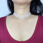 Handmade White Transparent Diamond Mesh Beaded Choker Necklace | Heart Pearl Drop Y2K Minimalist Collar