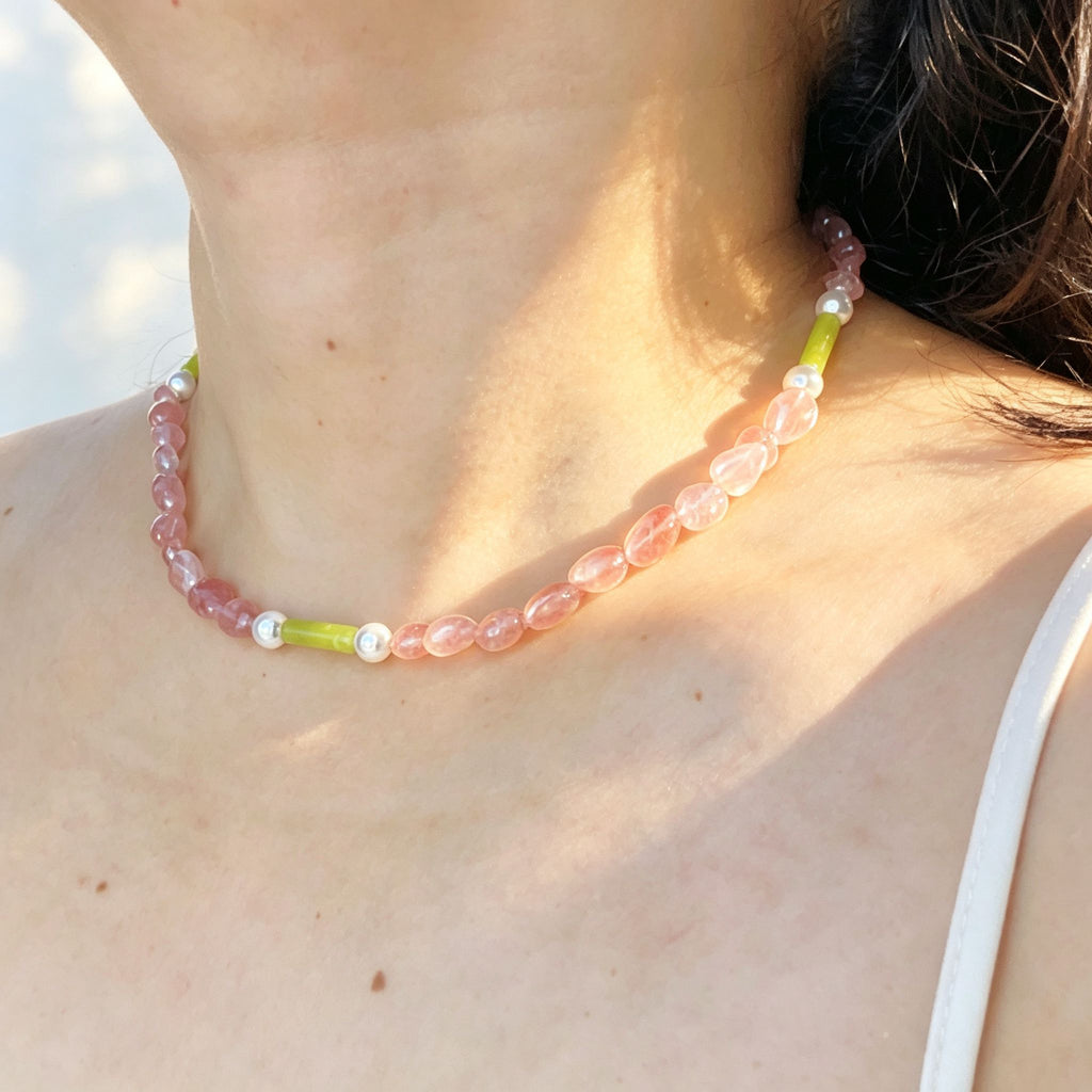 Handmade Strawberry Quartz & Green Jade Tube Pearl Necklace | Gold Lobster Clasp Heart Charm