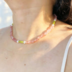 Handmade Strawberry Quartz & Green Jade Tube Pearl Necklace | Gold Lobster Clasp Heart Charm