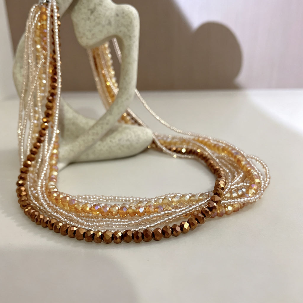 Handmade Multi-Strand Gold Crystal Twisted Choker Necklace | Champagne Layered Statement Collar