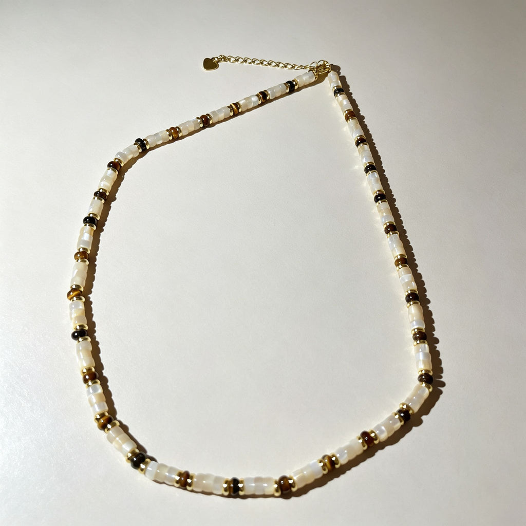Handmade Cream Seed Bead & Gold Metal Bead Choker Necklace | Minimalist Everyday Jewelry
