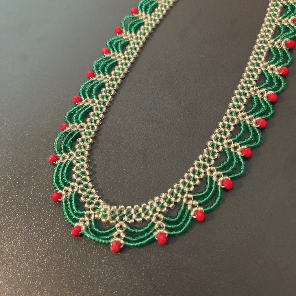 Handmade Silver & Emerald Green Scallop Beaded Choker Necklace | Red Crystal Accent Festive Statement Collar