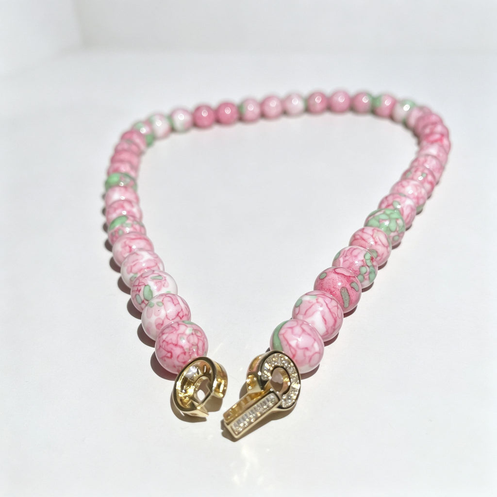 Handmade Pink Floral Ceramic Bead Choker Necklace | Cottagecore Enamel Jewelry