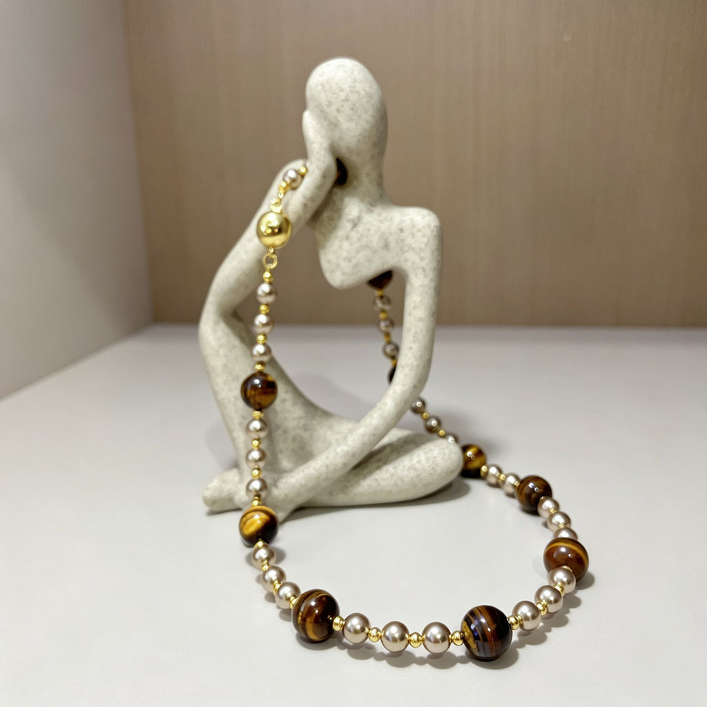 Handmade Tiger Eye & Metal Bead Choker Necklace | Natural Stone Silver Gold Spacer