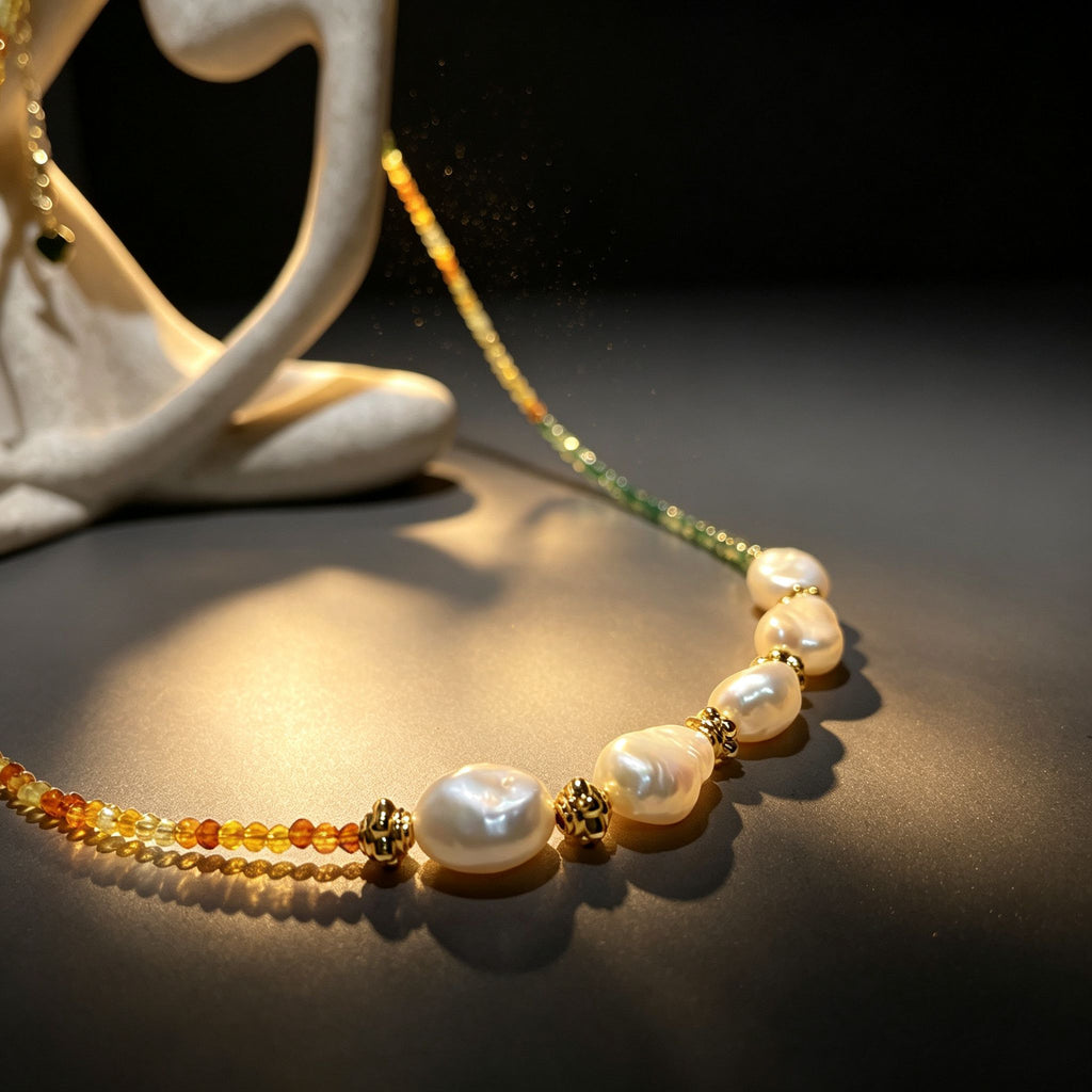 Handmade Green Orange Gradient Crystal Bead Necklace | Baroque Freshwater Pearl Gold Flower Spacer Luxe