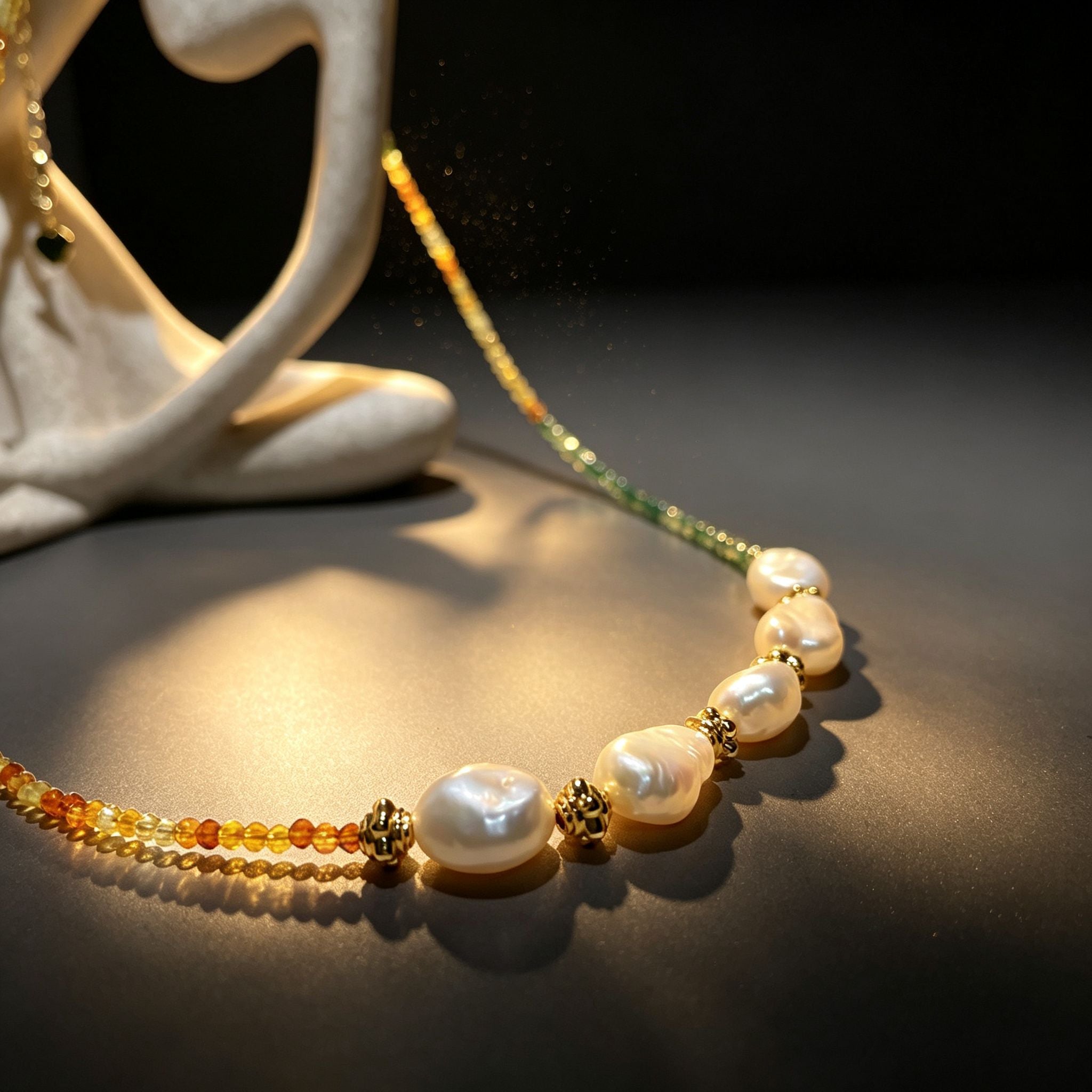 Handmade Green Orange Gradient Crystal Bead Necklace | Baroque Freshwater Pearl Gold Flower Spacer Luxe