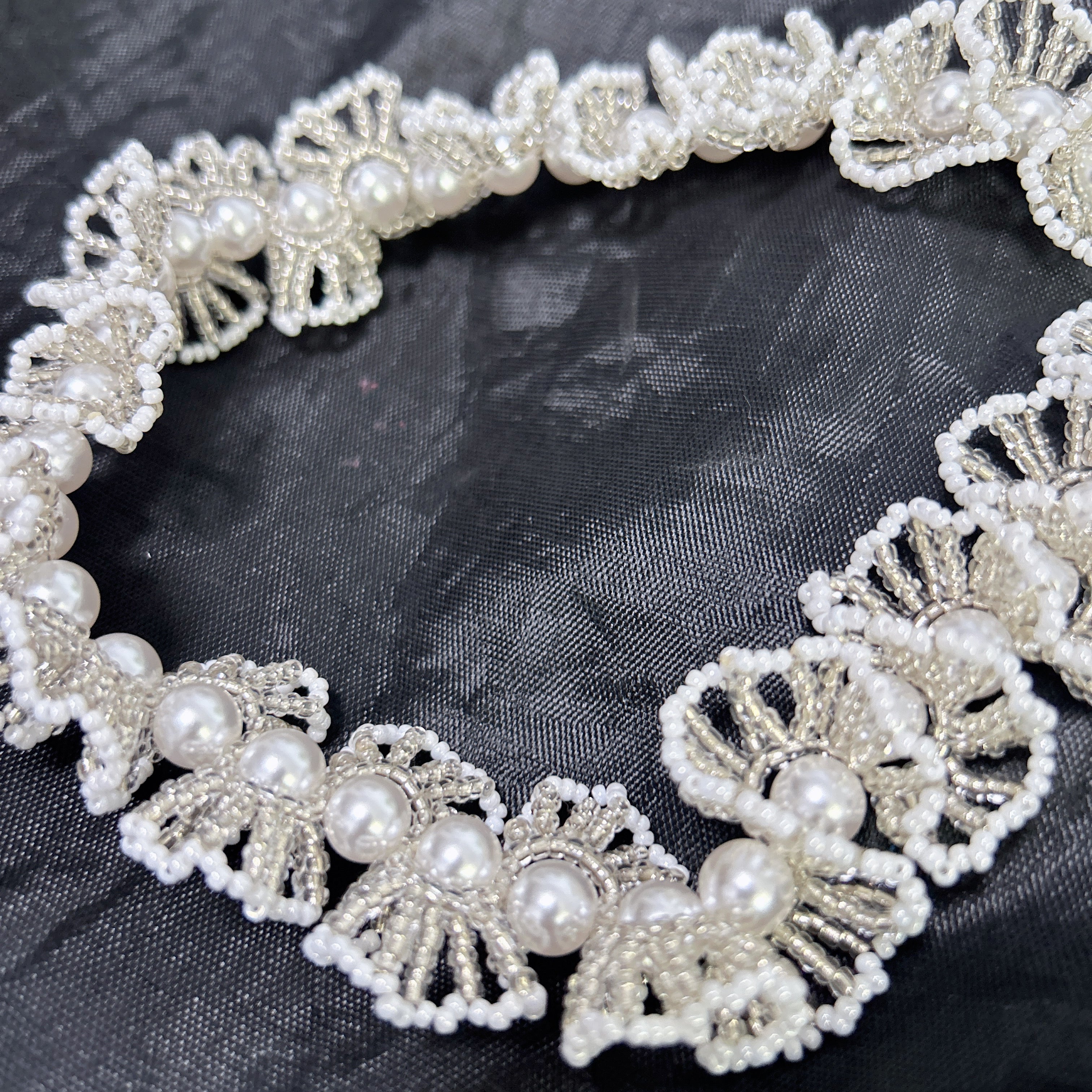 Handmade White & Silver 3D Flower Garland Choker Necklace | Pearl Center Bridal Wedding Statement Collar