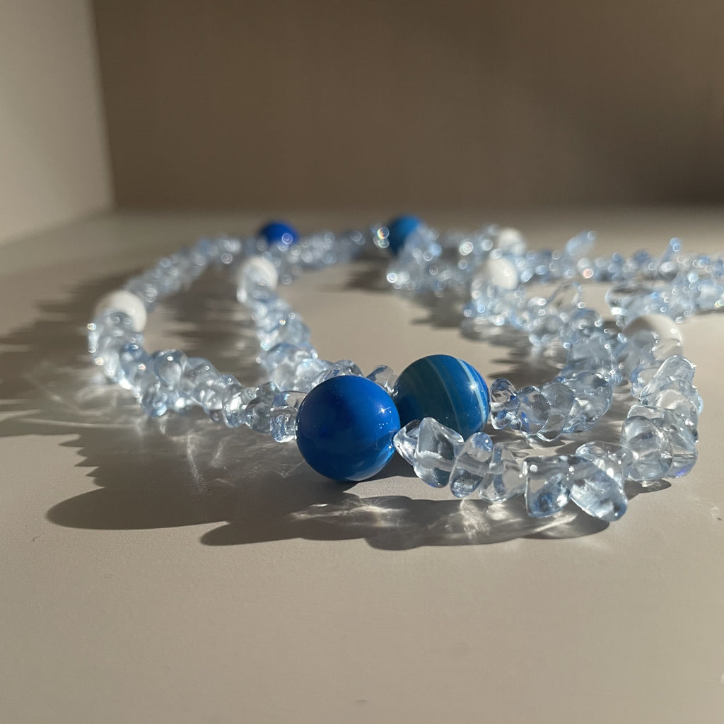 Handmade Crystal Chip & Blue Agate Bead Long Necklace | Wrap Choker Style