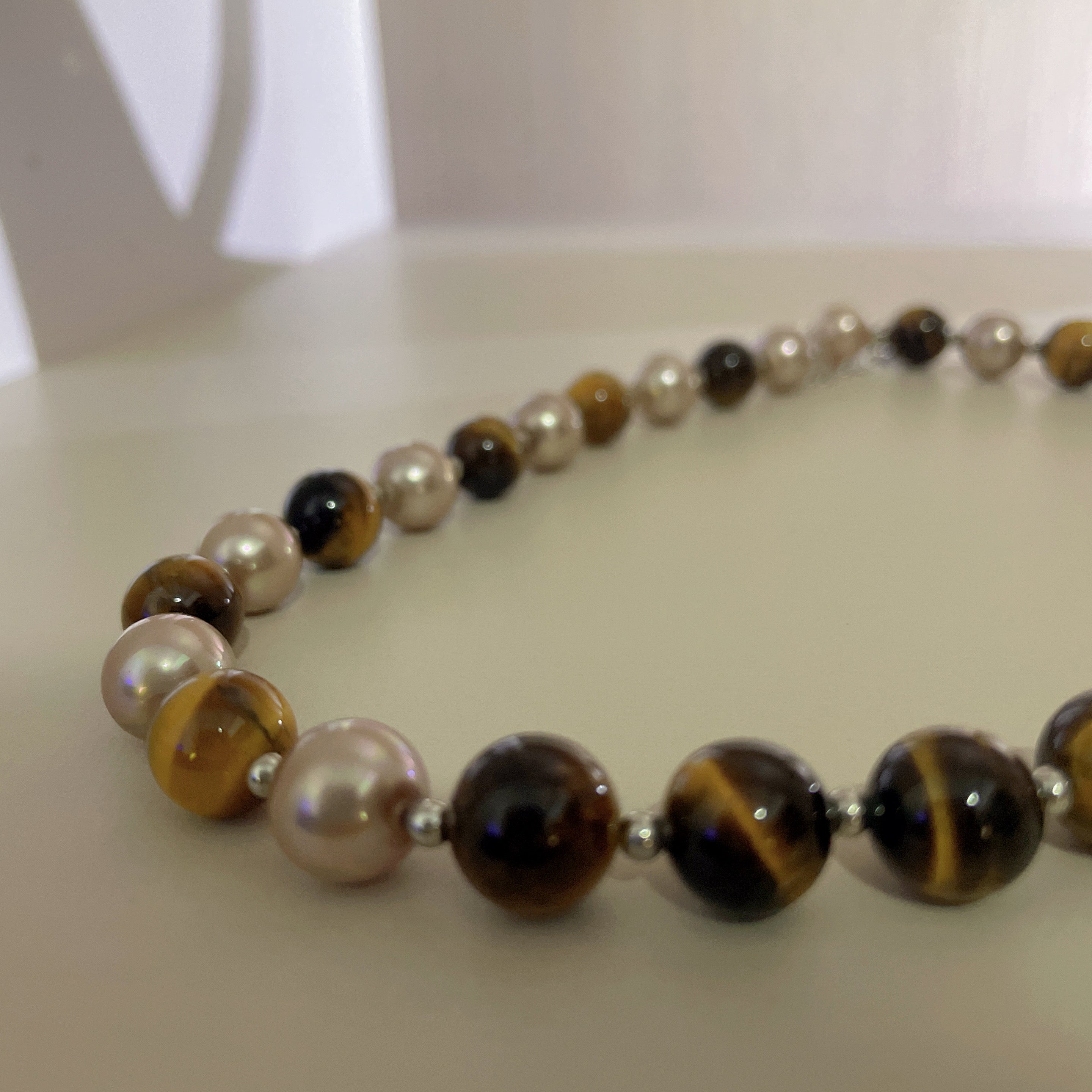 Handmade Tiger Eye & Pink Freshwater Pearl Choker Necklace | Natural Stone Gold Spacer