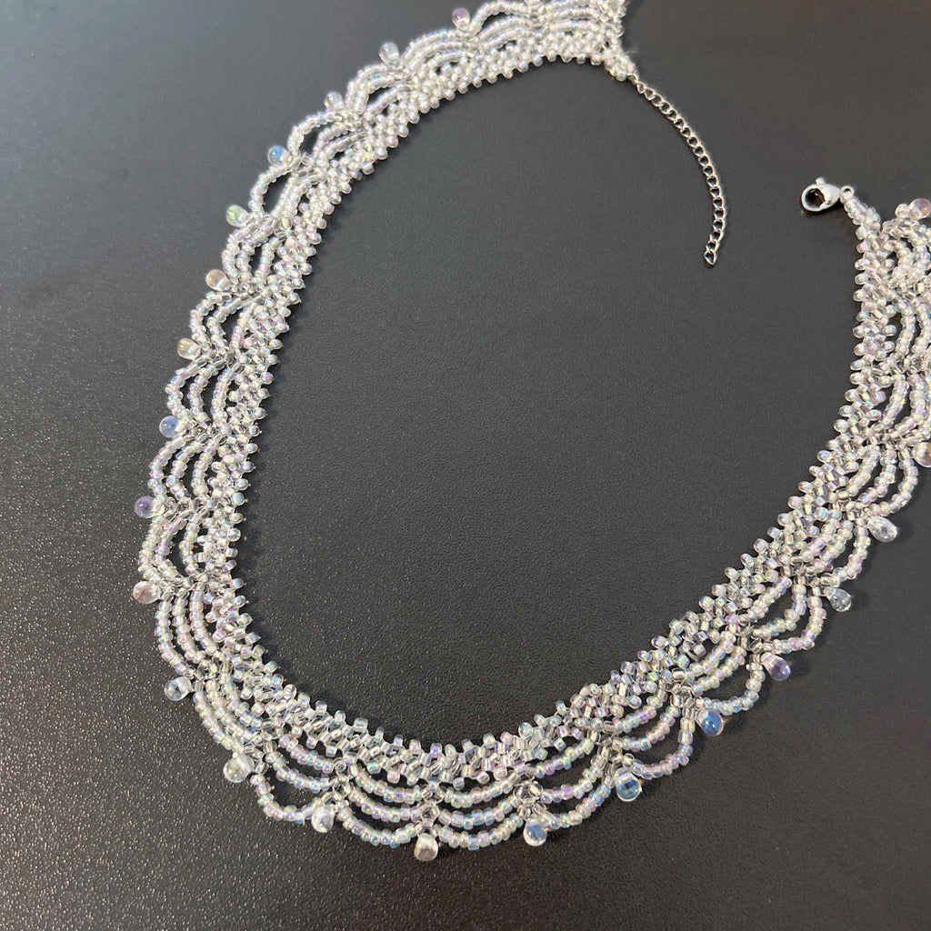 Handmade All White Multi-Layer Scallop Wave Lace Beaded Choker Necklace | Bridal Wedding Fairycore Collar