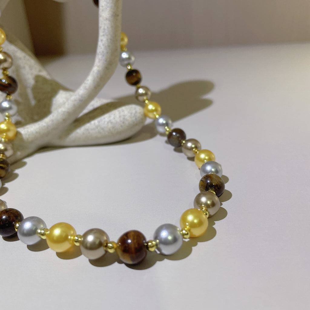 Handmade Gold Silver & Bronze Mixed Metallic Pearl Choker Necklace | Multi-Tone Luxe Beaded Collar