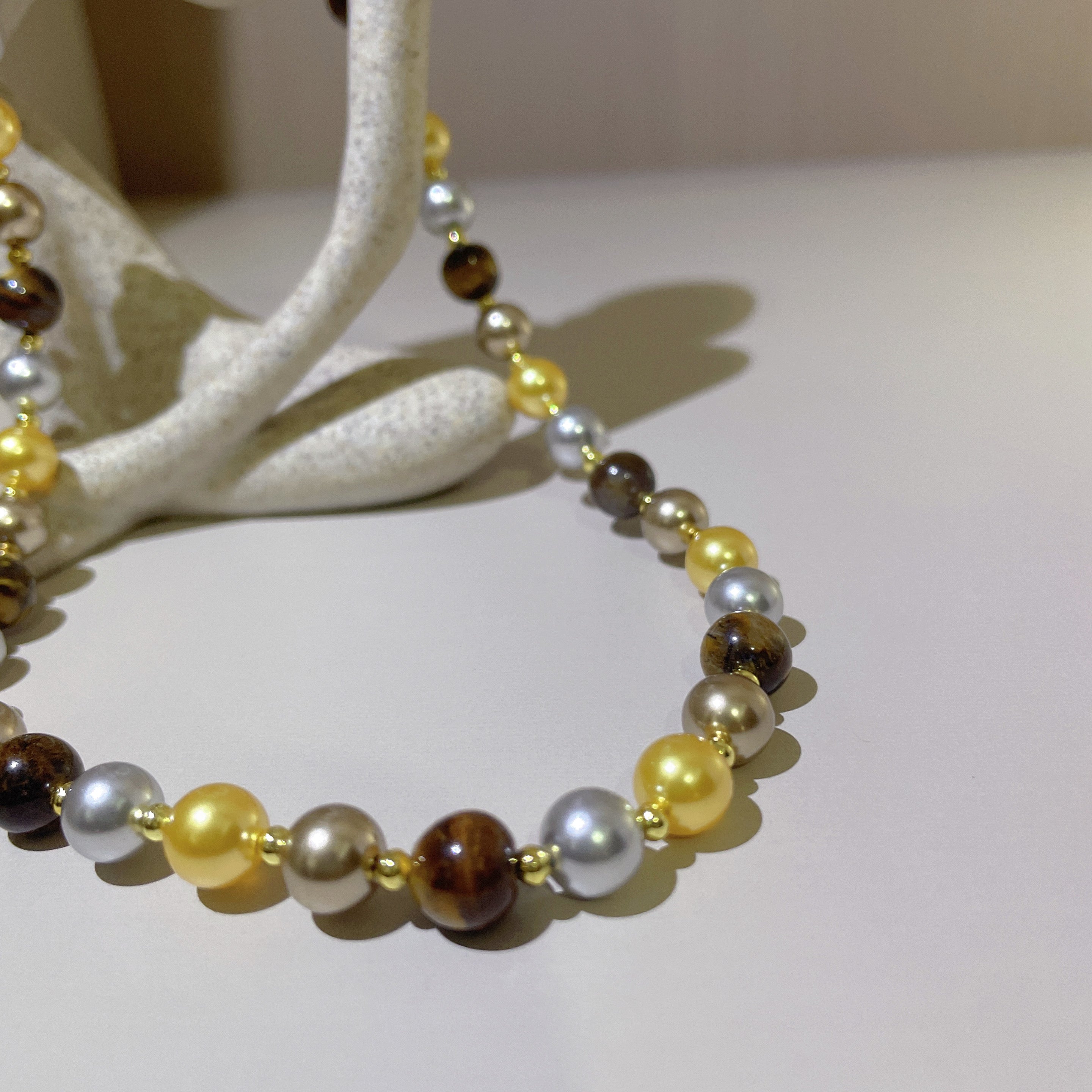 Handmade Gold Silver & Bronze Mixed Metallic Pearl Choker Necklace | Multi-Tone Luxe Beaded Collar