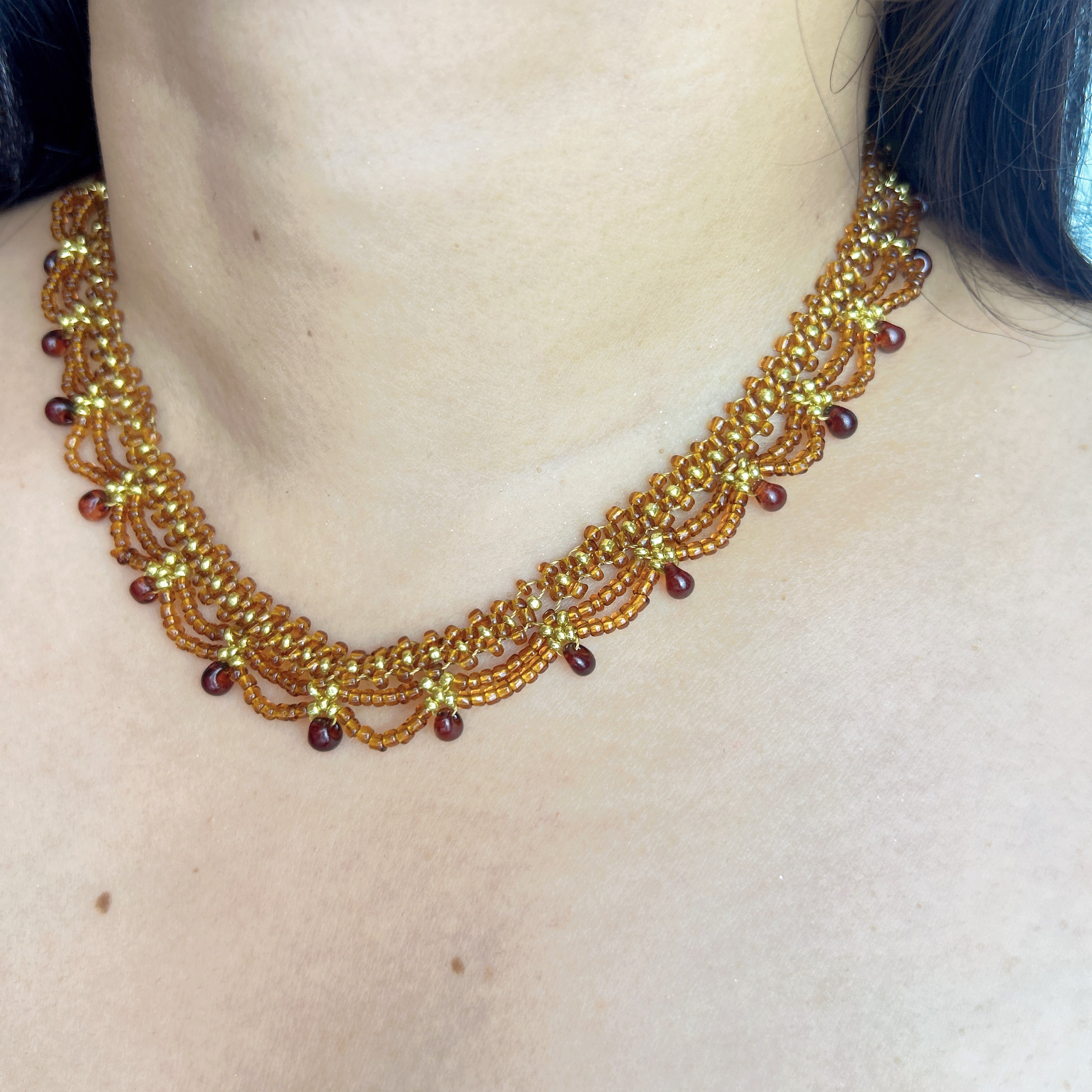 Handmade Gold & Brown Multi-Layer Wave Lace Beaded Choker Necklace | Brown Bead Drop Fringe Vintage Luxe Collar