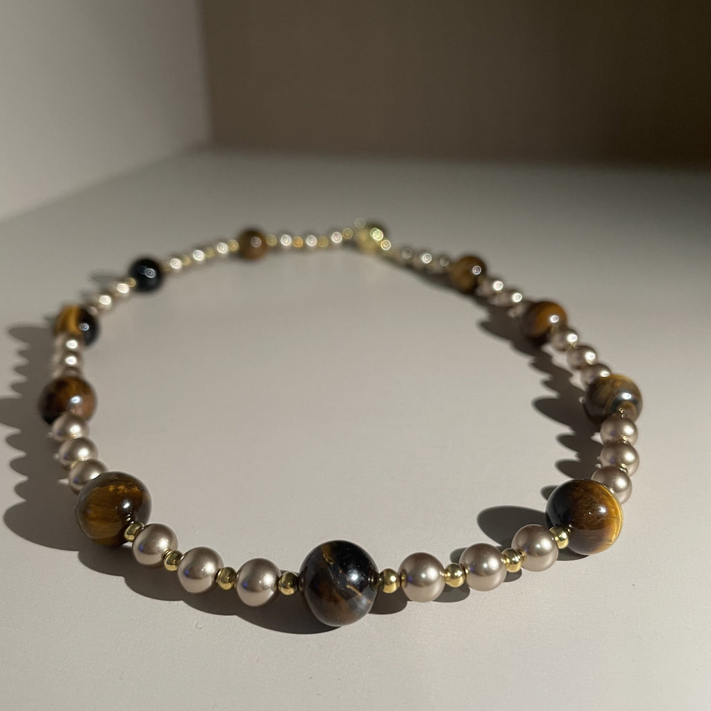 Handmade Tiger Eye & Gold Bead Choker Necklace | Natural Stone Alternating Design