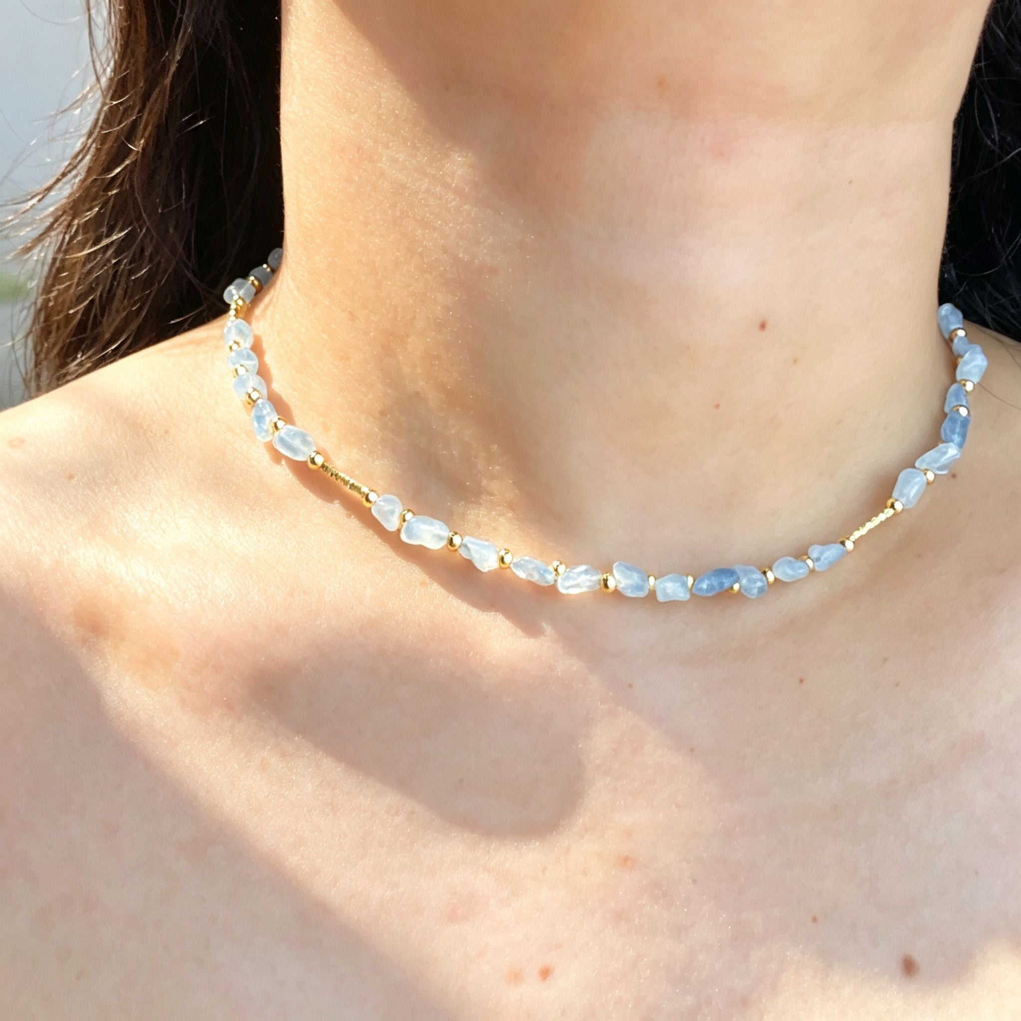 Handmade Aquamarine Chip Stone Choker Necklace | Gold Round & Tube Spacer Heart Charm Extender