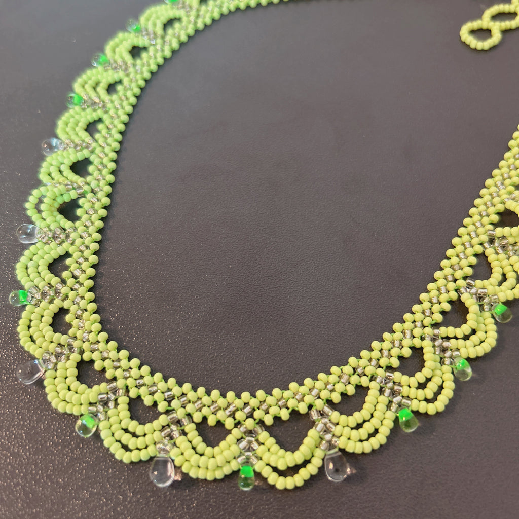 Handmade Apple Green & White Multi-Layer Scallop Wave Lace Beaded Choker Necklace | Bead Drop Fringe Spring Cottagecore Collar