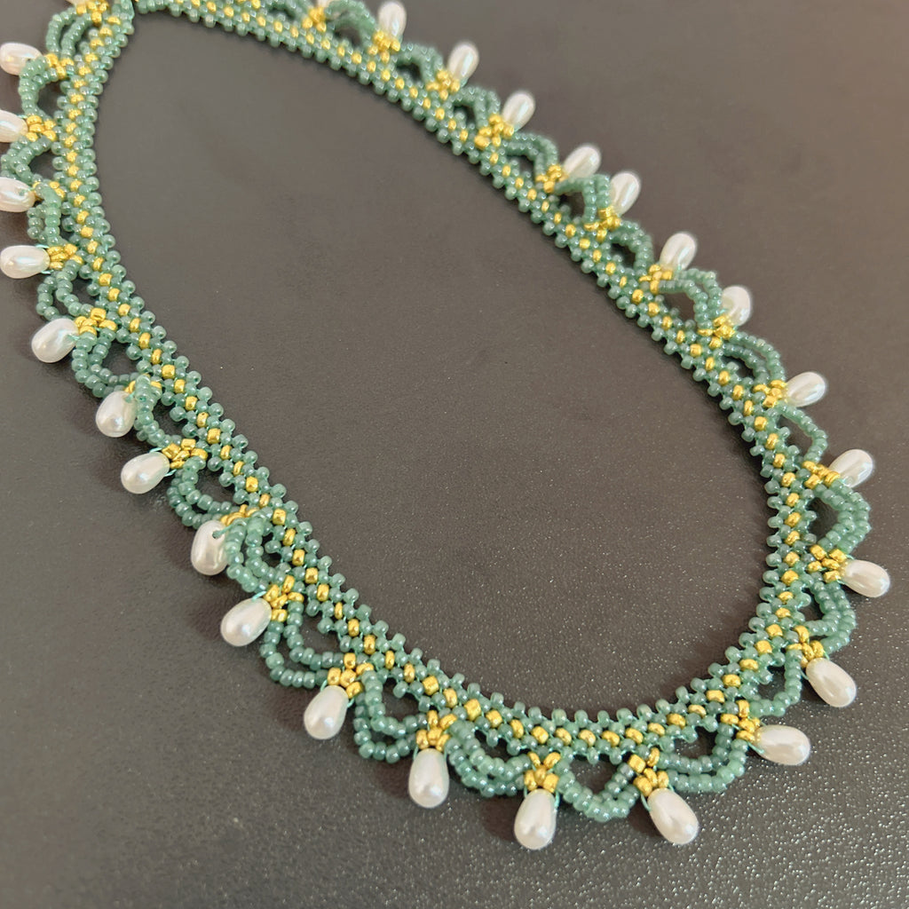 Handmade Teal & Yellow-Green Wave Lace Beaded Choker Necklace | Freshwater Pearl Drop Fringe Ocean Boho Collar