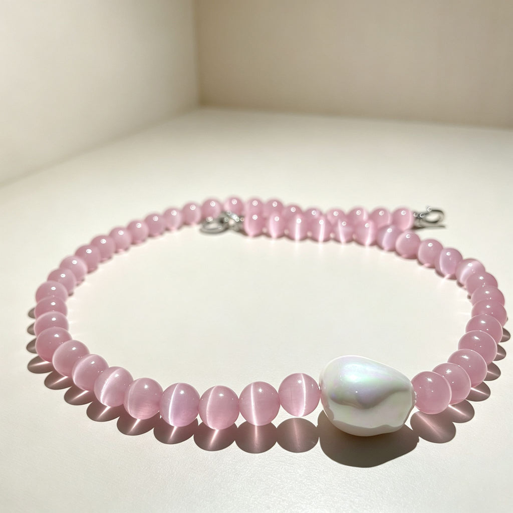 Handmade Pink Cat Eye Stone Bead Choker Necklace | Baroque Pearl Accent
