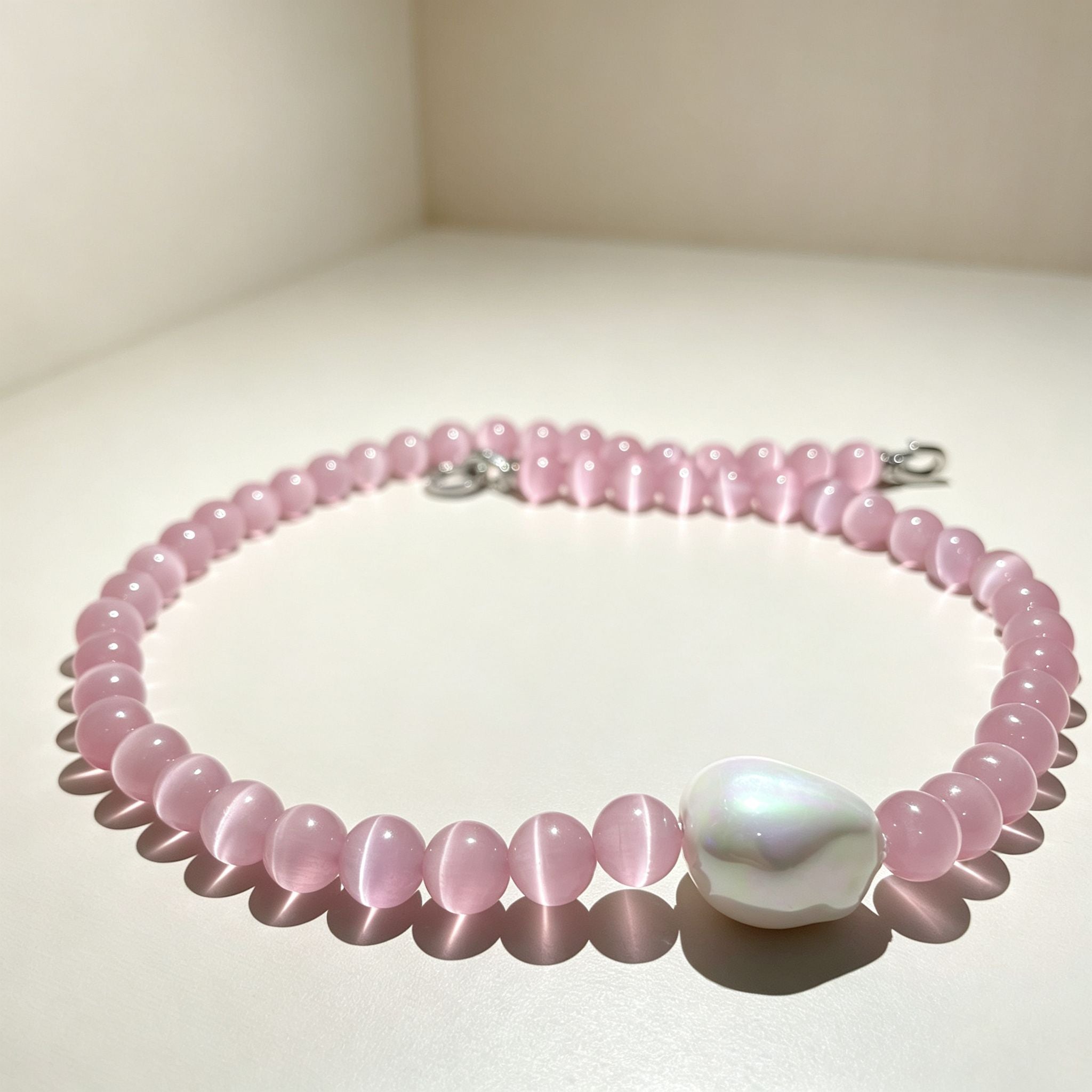 Handmade Pink Cat Eye Stone Bead Choker Necklace | Baroque Pearl Accent