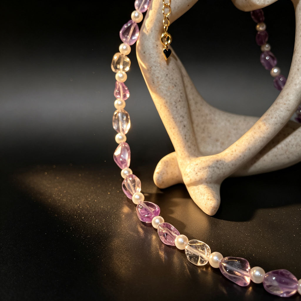 Handmade Amethyst & Citrine Crystal Baroque Pearl Beaded Necklace | Purple Yellow Natural Stone Luxe