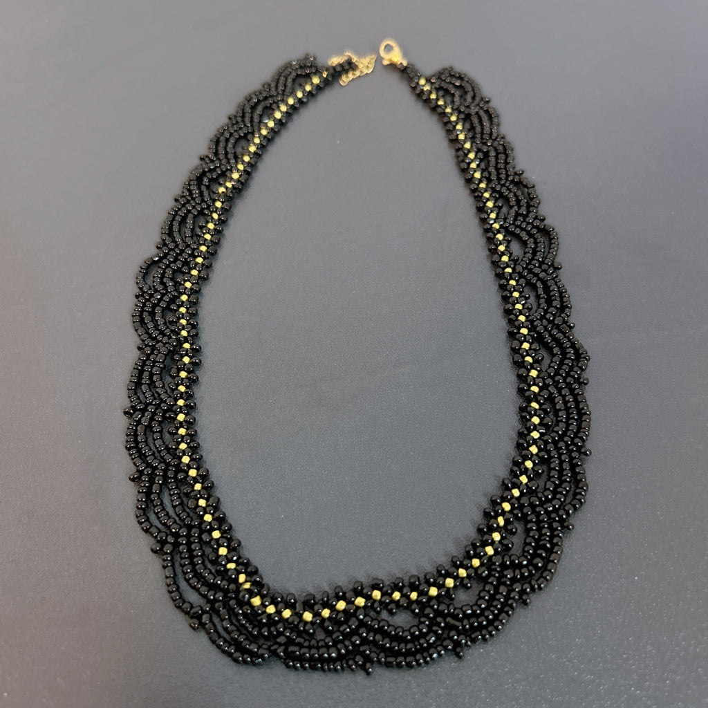 Handmade Black & Olive Green Multi-Strand Drape Wave Beaded Choker Necklace | Gothic Vintage Luxe Statement Collar