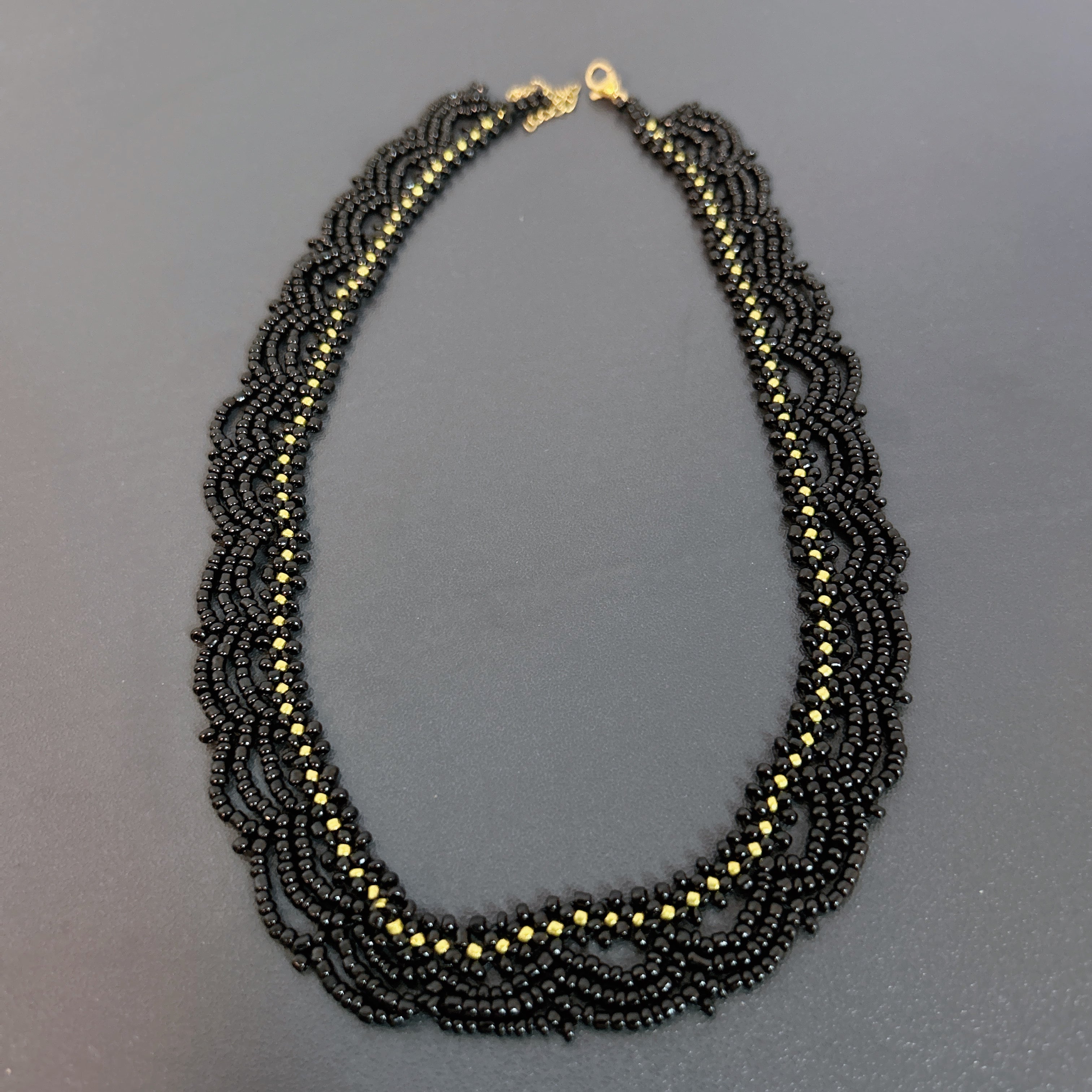 Handmade Black & Olive Green Multi-Strand Drape Wave Beaded Choker Necklace | Gothic Vintage Luxe Statement Collar