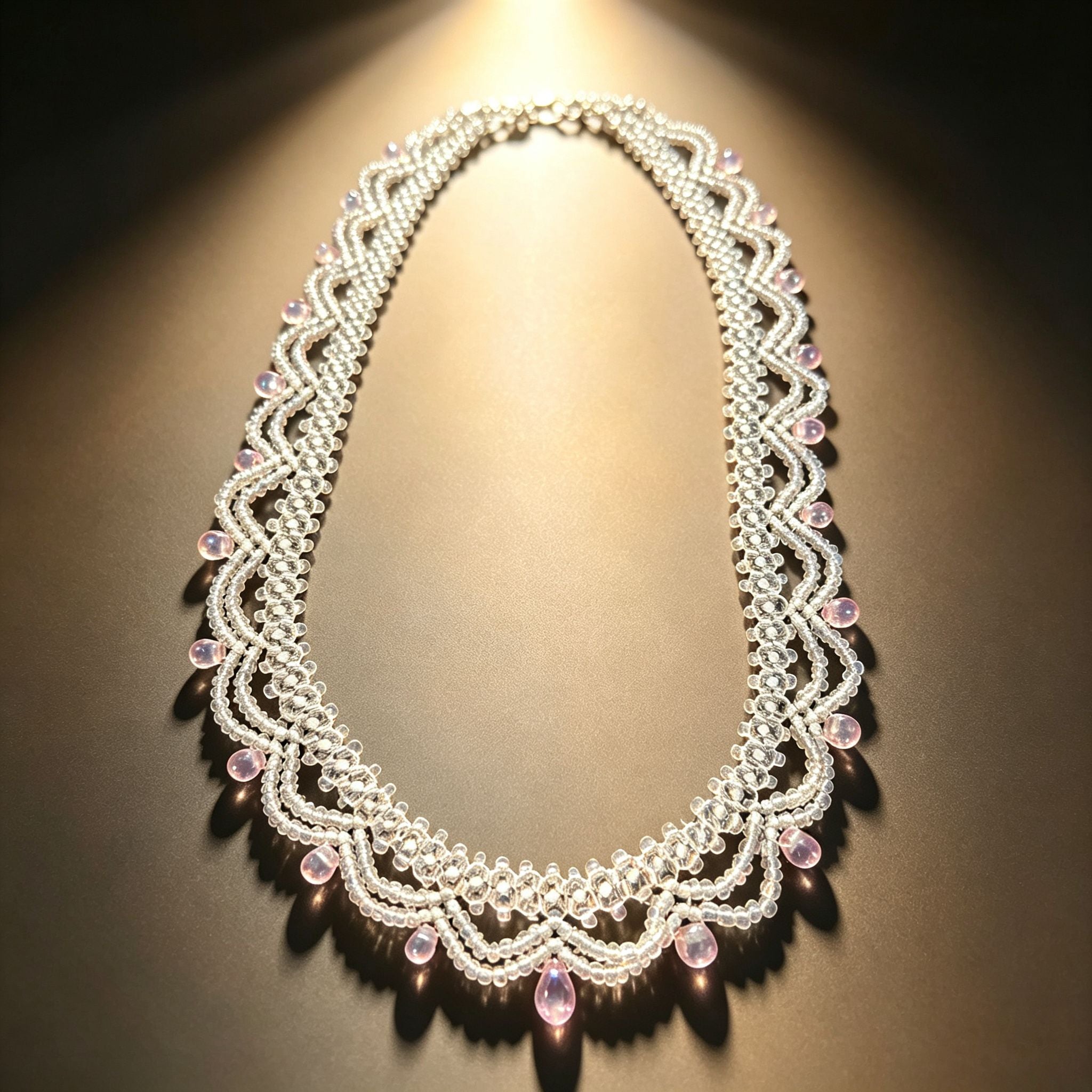 Handmade White & Blush Pink Lace Scallop Beaded Choker Necklace | Bridal Seed Bead Collar