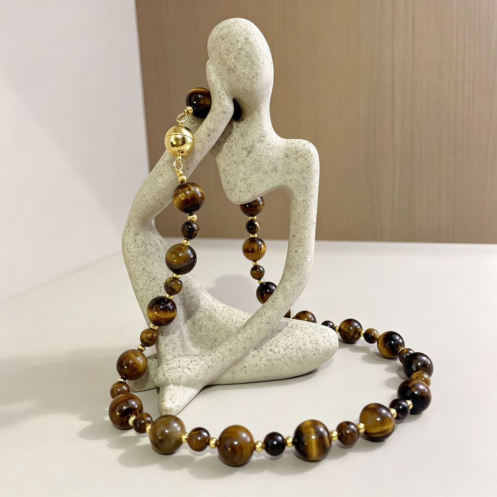 Handmade Graduated Tiger Eye Bead Choker Necklace | Natural Stone Gold Spacer