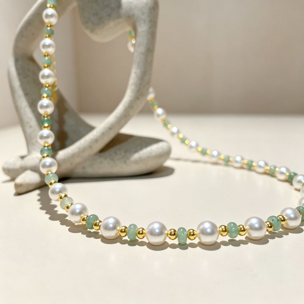 Handmade Pearl & Sage Green Seed Bead Choker Necklace | Gold Spacer Elegant Jewelry