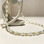Handmade Pearl & Sage Green Seed Bead Choker Necklace | Gold Spacer Elegant Jewelry