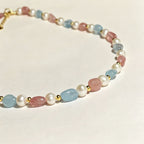 Handmade Morganite Pearl & Aquamarine Mixed Stone Choker Necklace | Pastel Pink Blue Gold