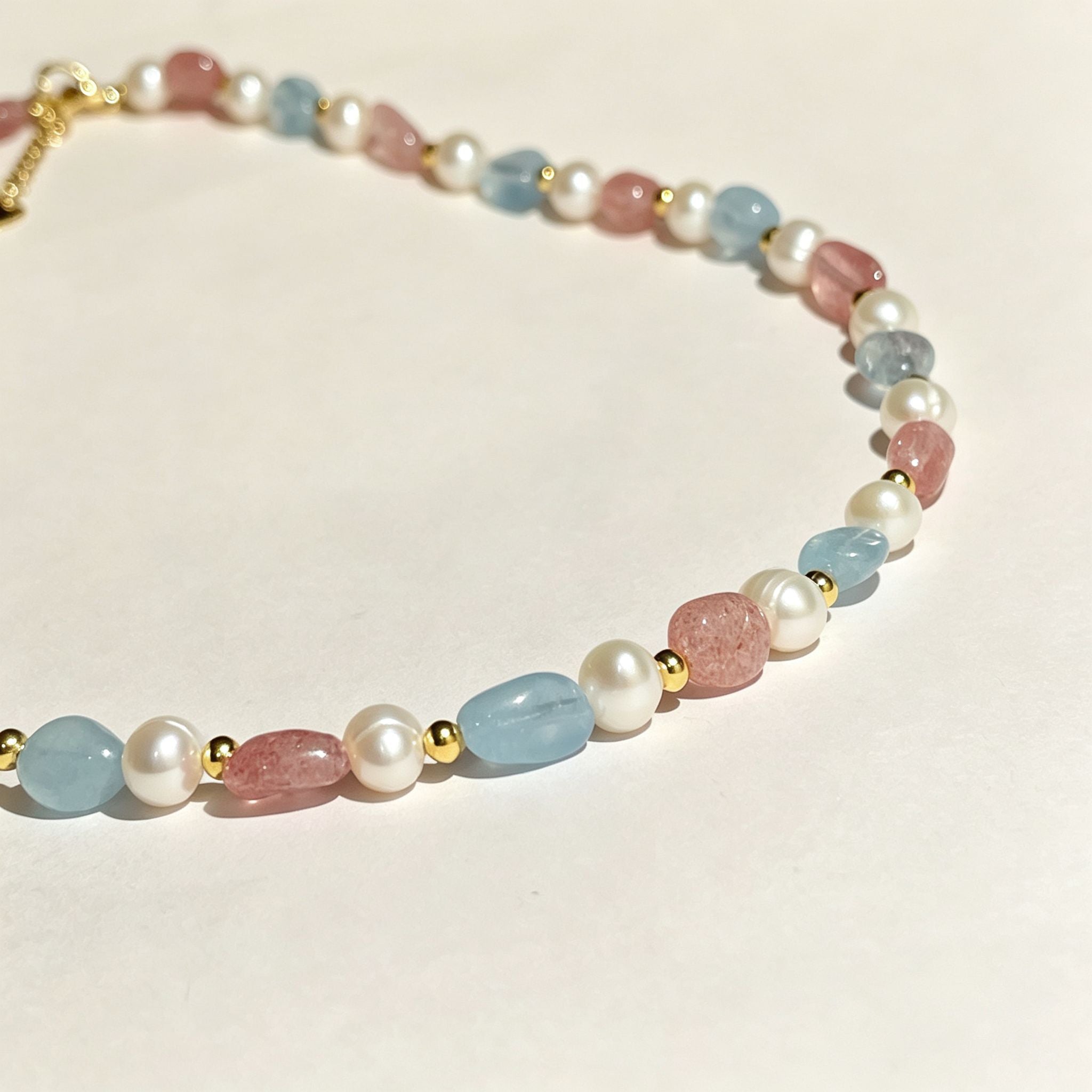 Handmade Morganite Pearl & Aquamarine Mixed Stone Choker Necklace | Pastel Pink Blue Gold