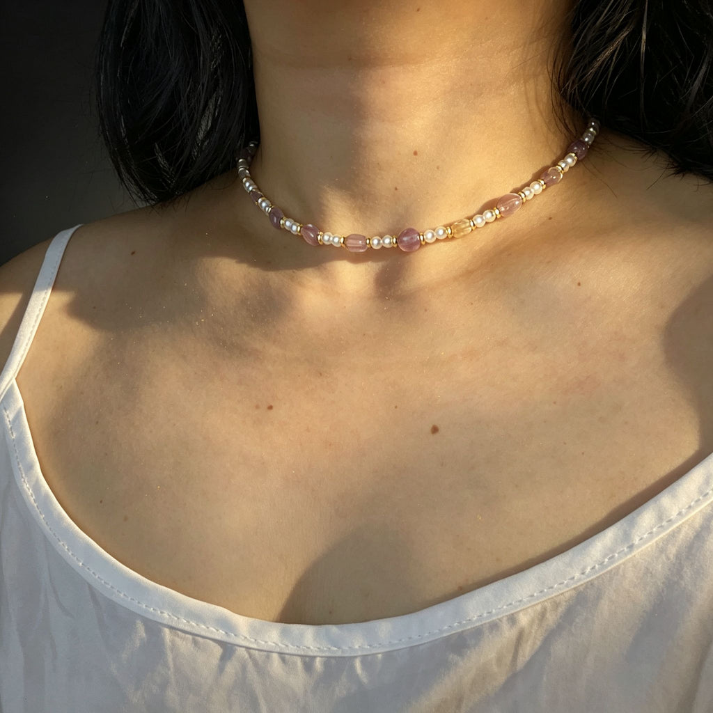 Handmade Amethyst Tumbled Stone & Pearl Choker Necklace | Gold Spacer Natural Stone Jewelry