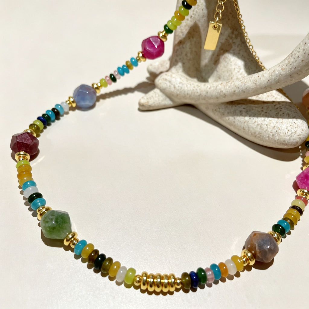 Handmade Multicolor Natural Stone Beaded Necklace | Agate Jasper Faceted Gem Gold Spacer Boho