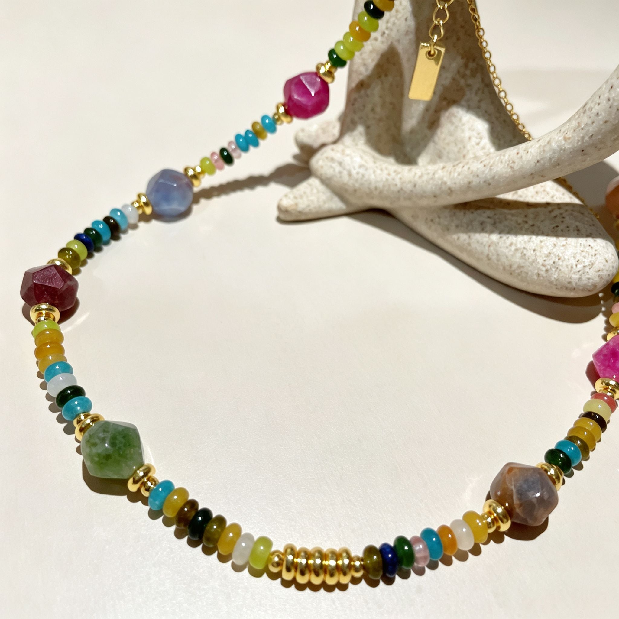 Handmade Multicolor Natural Stone Beaded Necklace | Agate Jasper Faceted Gem Gold Spacer Boho