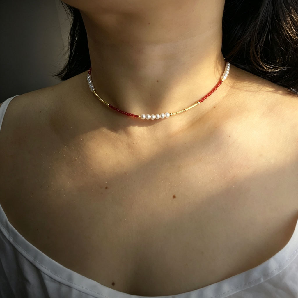 Handmade Red Crystal & Pearl Choker Necklace | Gold Tube Spacer Heart Charm Extender