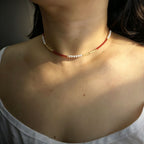 Handmade Red Crystal & Pearl Choker Necklace | Gold Tube Spacer Heart Charm Extender