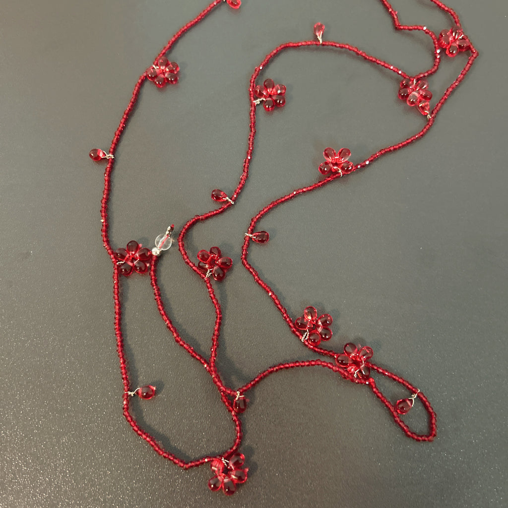 Handmade Deep Red Seed Bead Long Wrap Necklace | Scattered Flower Bead Crystal Drop Lariat Boho Statement